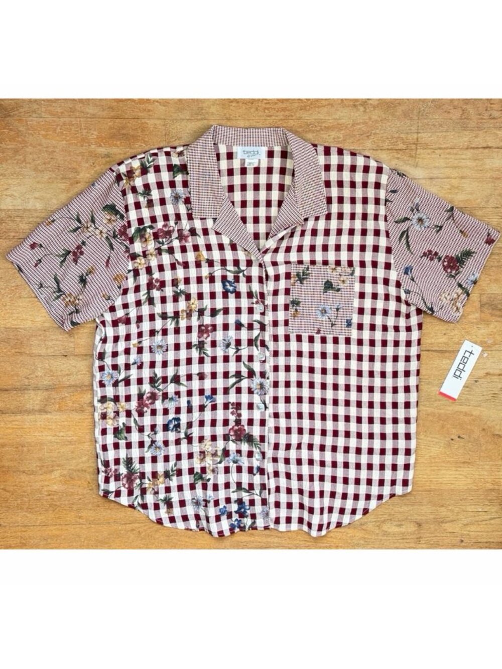Vintage Gingham & Flora Print Blouse Plus Size 1X Boxy Cottagecore Top 90s